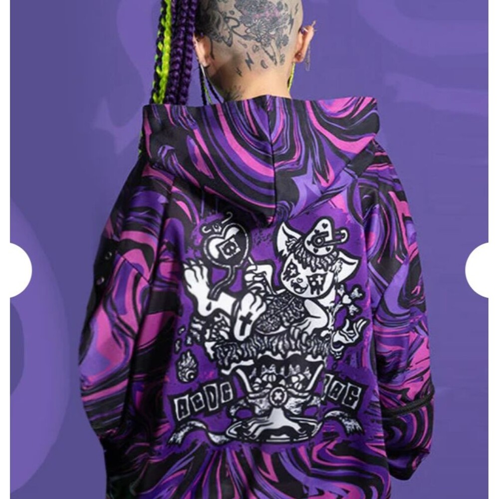 ACDC Rag Chaaaos ZIP Hoodie Psychedelic Oversized OS NWOT Pink Purple Swirl